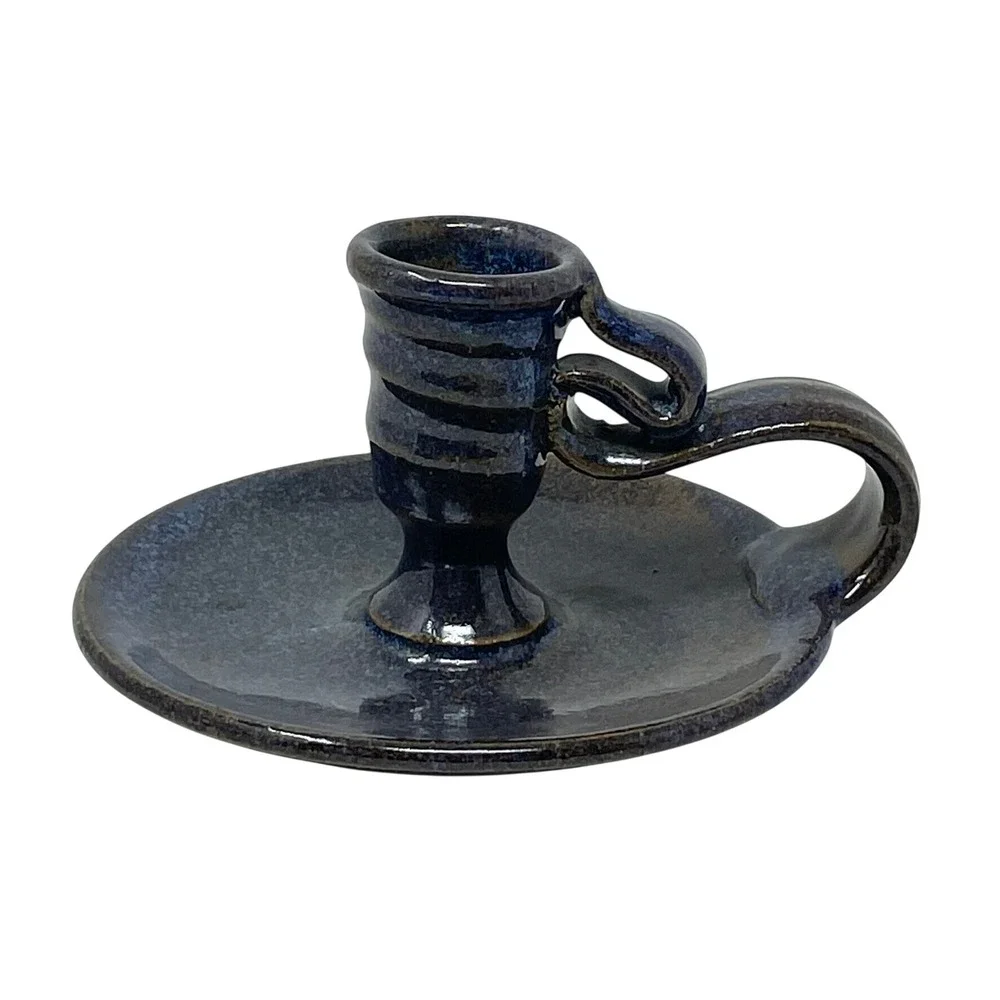 Studio Art Pottery Chamberstick Candle Holder Blue Speckled Rustic Artist Signed